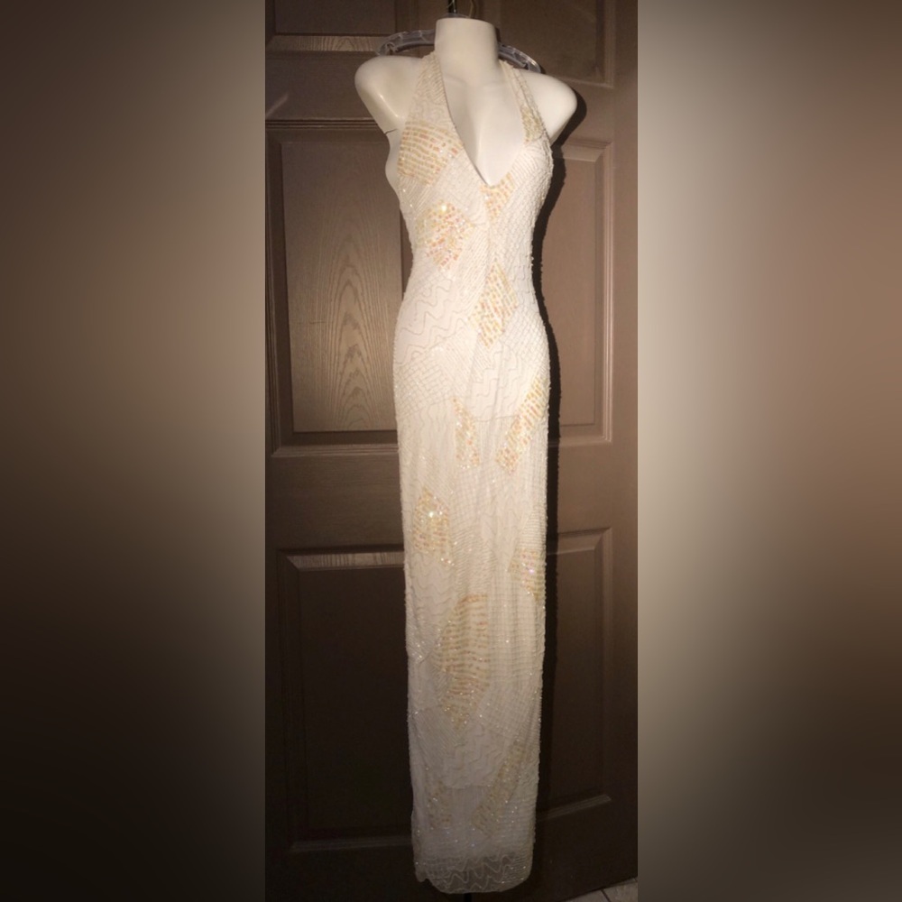 Beautiful beaded & sequin Low V cut white dress